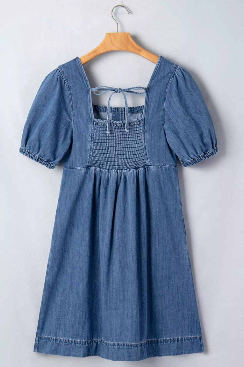 Button-Front Puff Sleeve Denim Dress, image 5