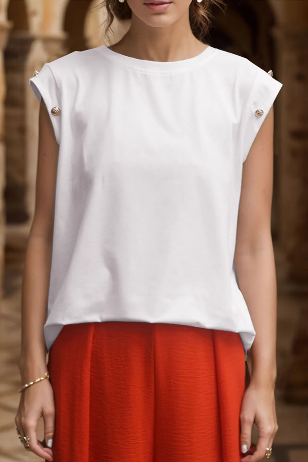 Decorative Button Round Neck T-Shirt, image 6