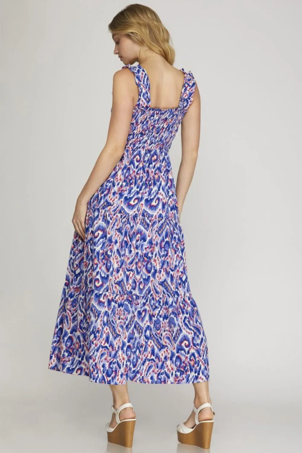 Full Size Smocked Printed Wide Strap Tiered Dress Plus Size, image 2