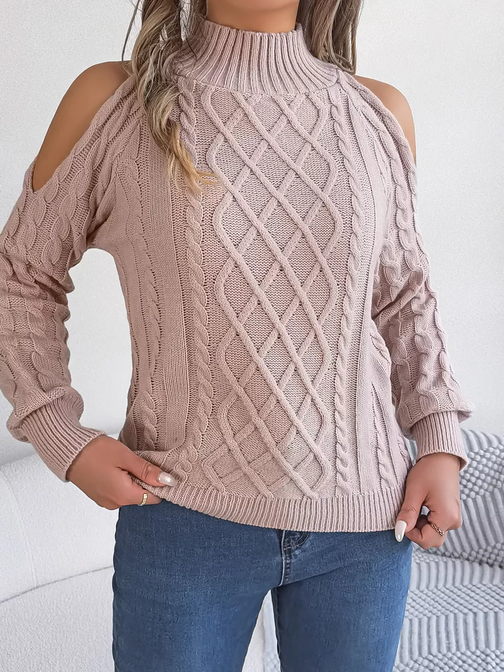 Cable Knit Cold Shoulder Turtleneck Sweater, image 13