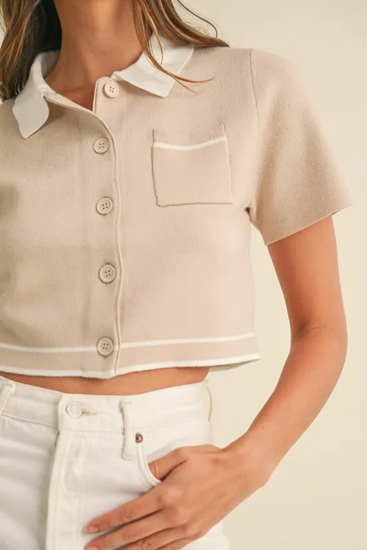 Button Down Contrast Collared Knit Cardigan, image 2
