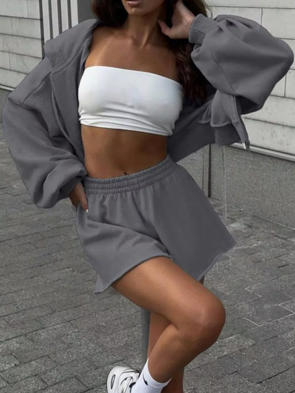 Oversized Zip-Up Hoodie and Shorts Set, image 15