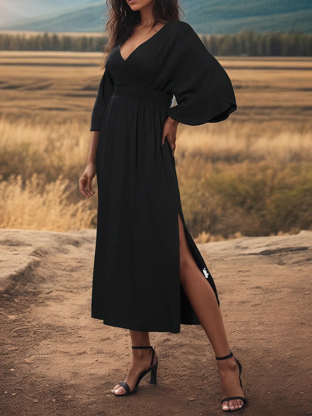 Slit V-Neck Long Sleeve Midi Dress, image 2