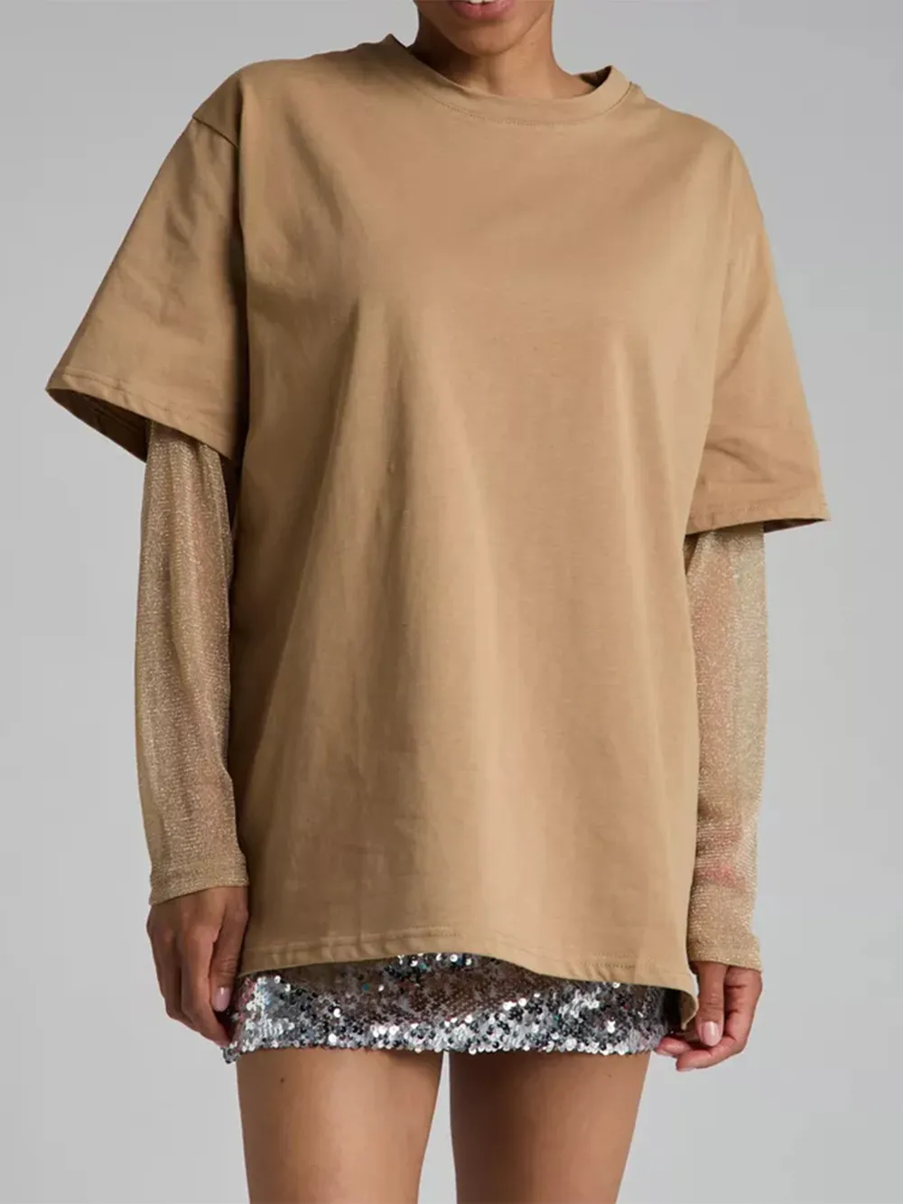 Faux Layered Round Neck Mesh Sleeve Top, image 16