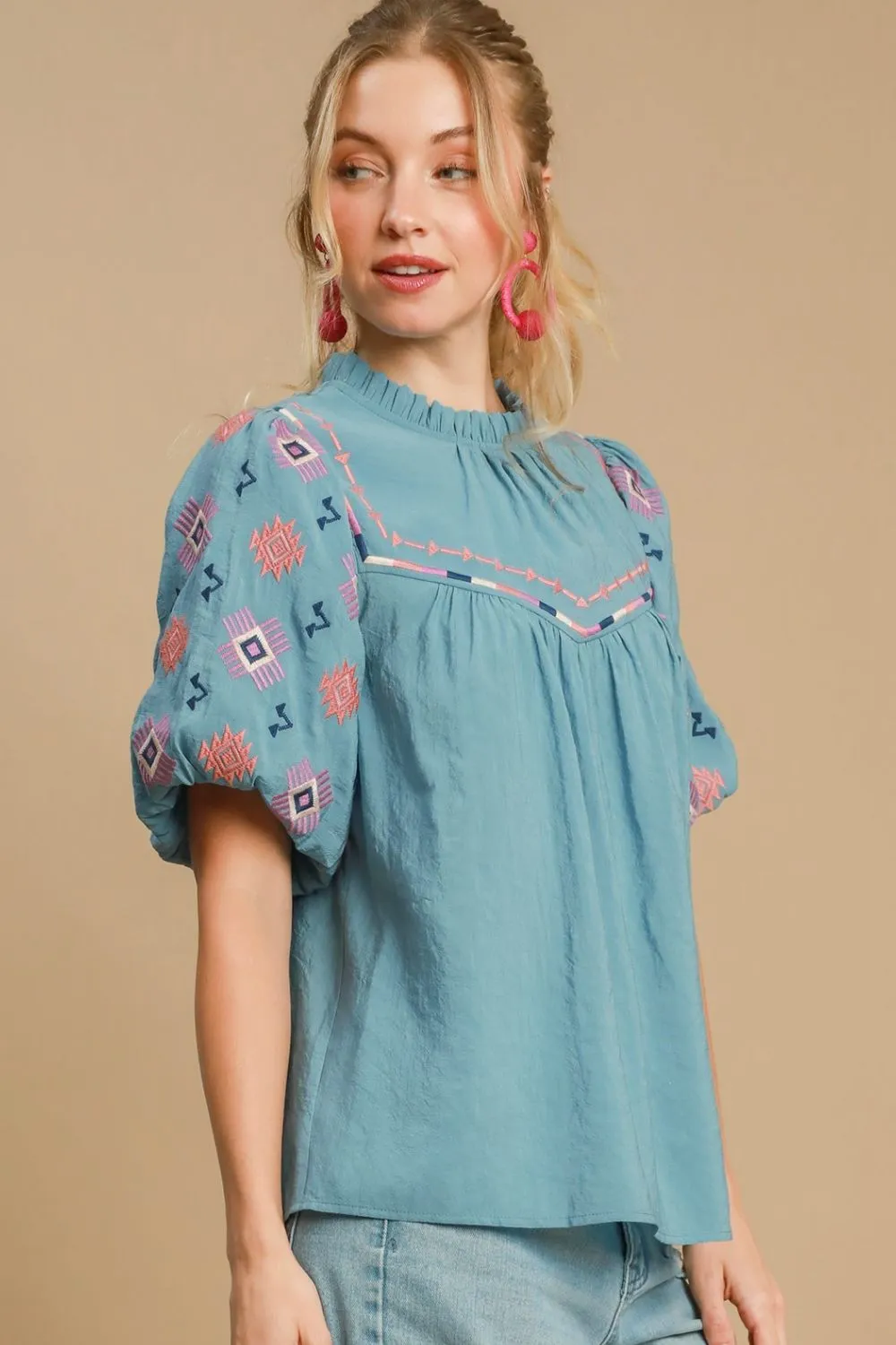 Full Size Embroidered Puff Sleeve Mock Neck Top Plus Size, image 2