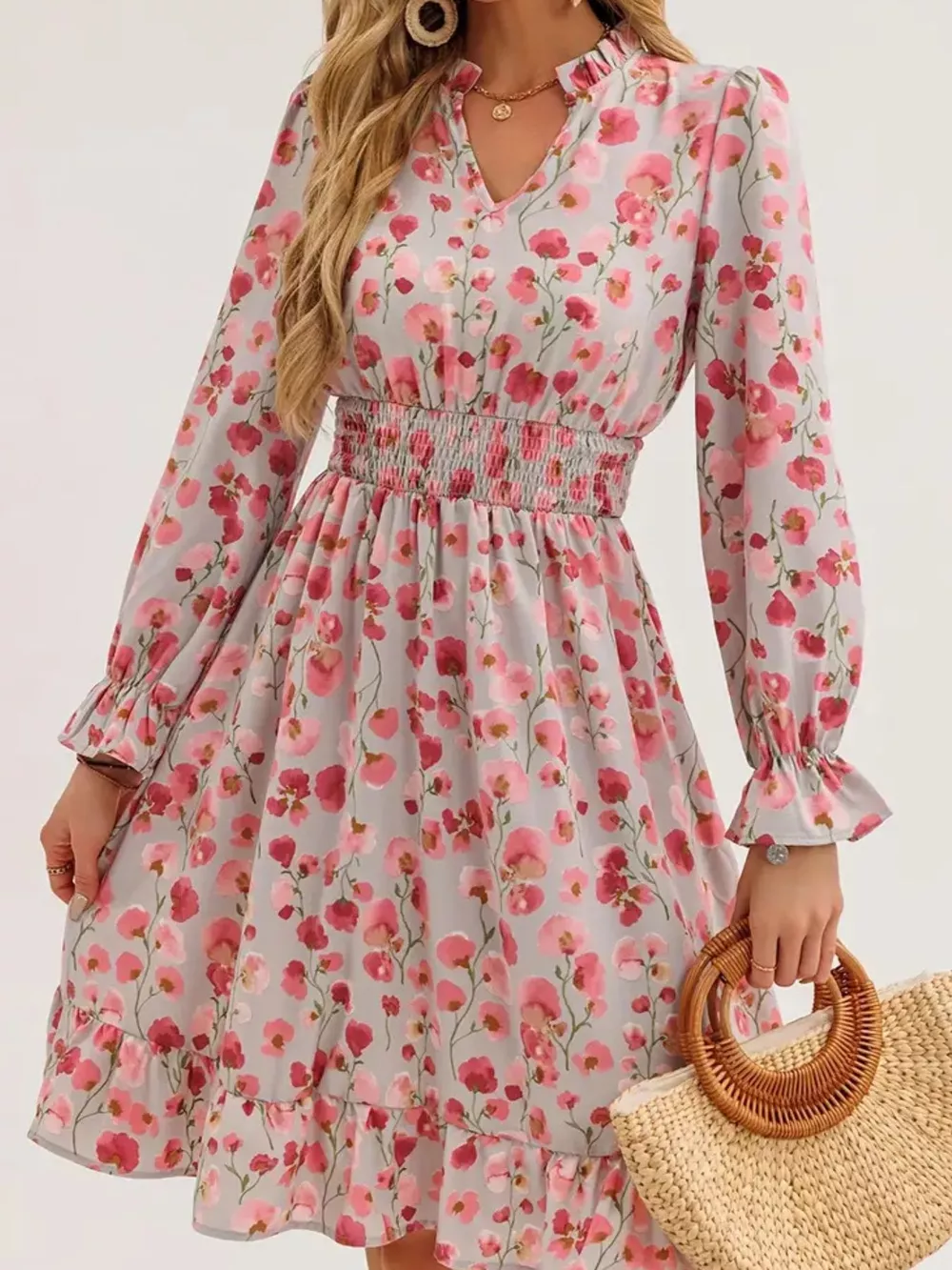 Floral Notched Flounce Sleeve Dress, image 5