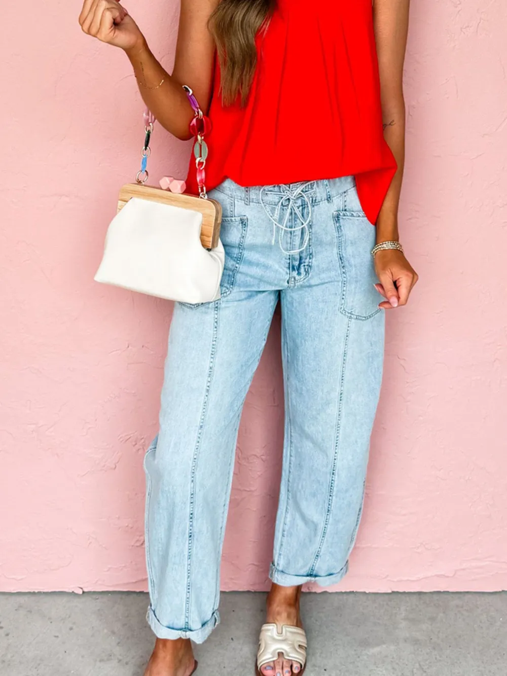 Drawstring Washed Relaxed Fit Boyfriend Jeans, image 2