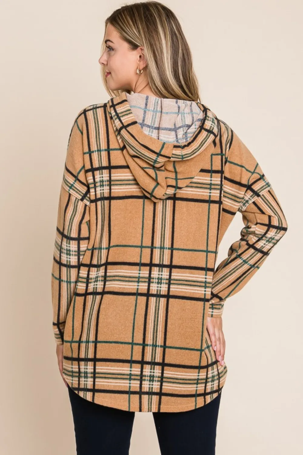 Drawstring Plaid Long Sleeve Hoodie, image 2