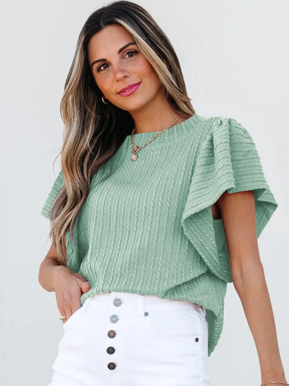 Round Neck Ruffle Sleeve Top, image 4