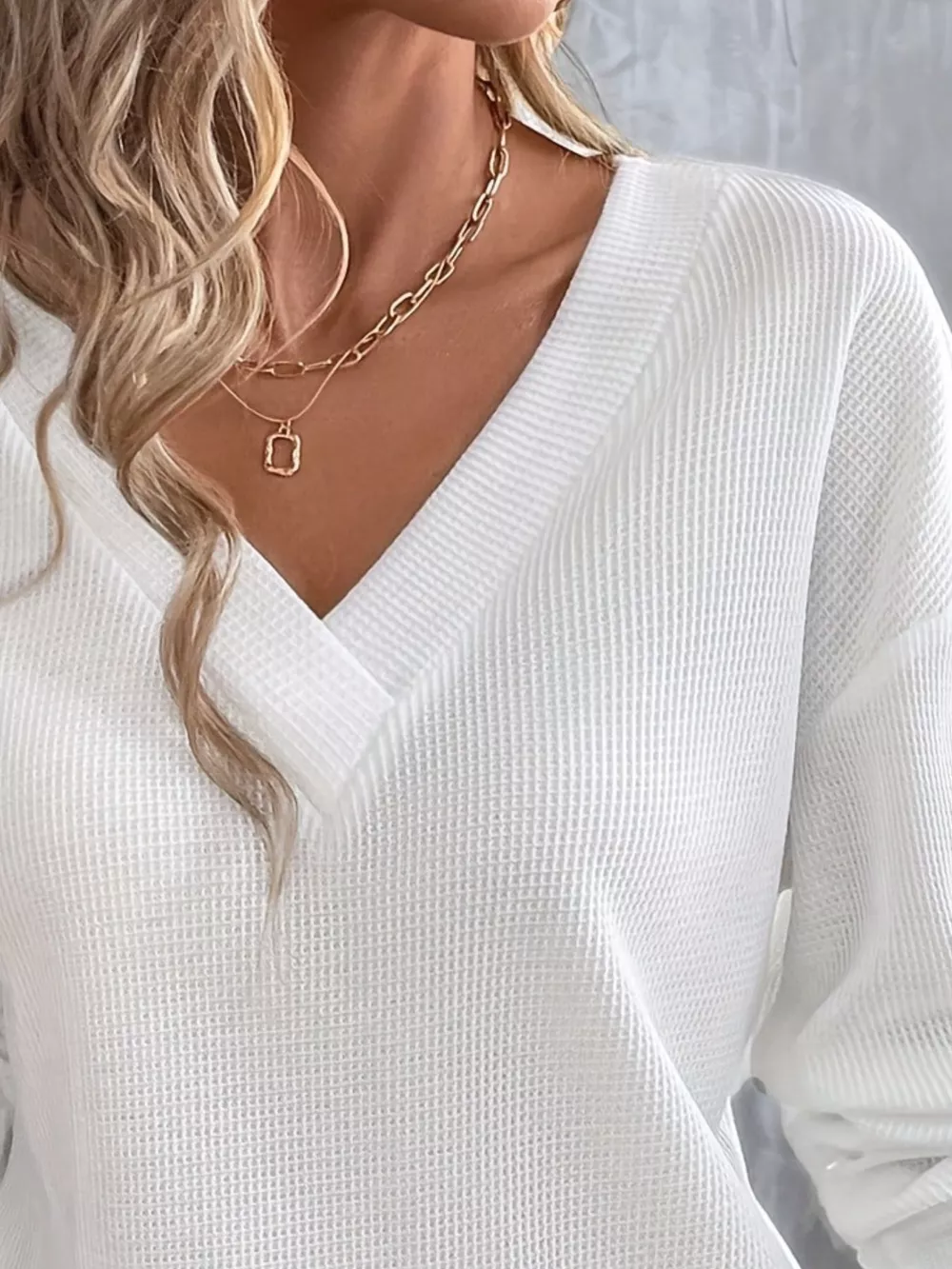 Plus Size V-Neck Long Sleeve Waffle Knit T-Shirt, image 2