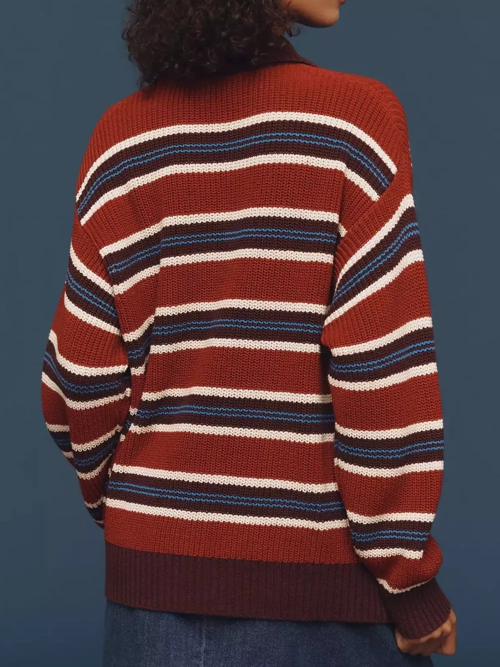 Striped Button Detail Polo Collar Sweater, image 10