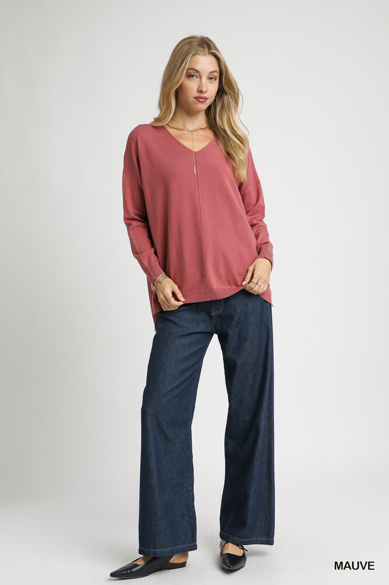 V-Neck High Low Hem Knit Top with Side Slit, image 2
