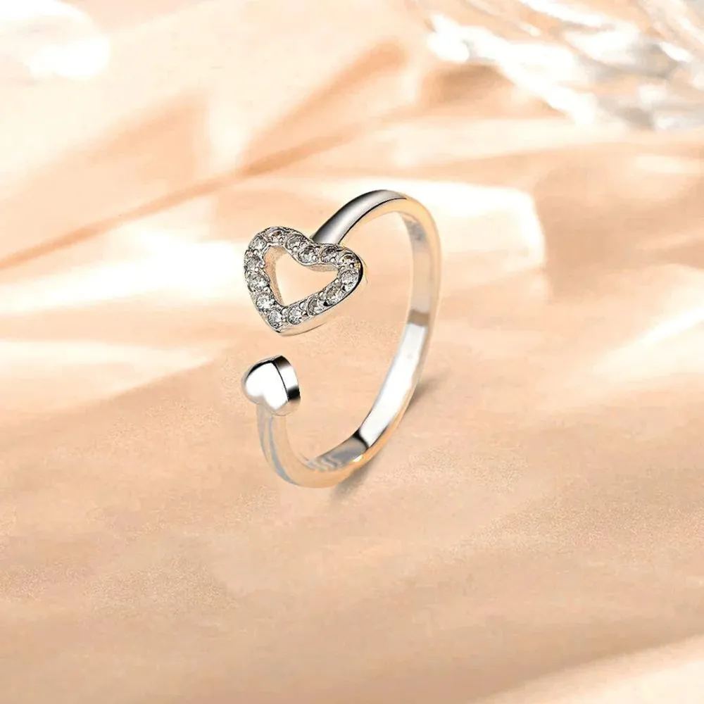 925 Sterling Silver Inlaid Zircon Heart Open Ring, image 3