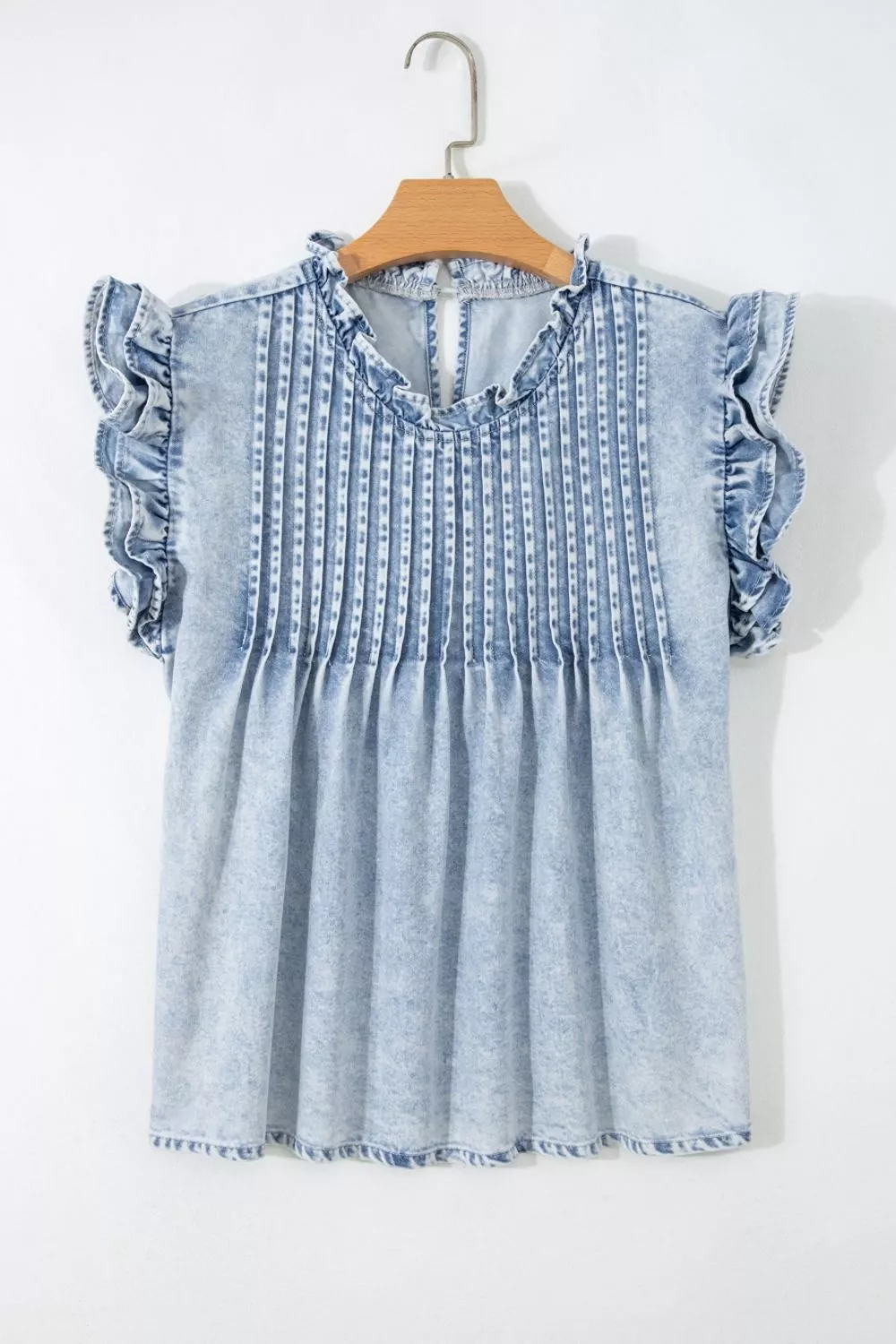 Ruffle Pleated Detail Vintage Washed Denim Top, image 5
