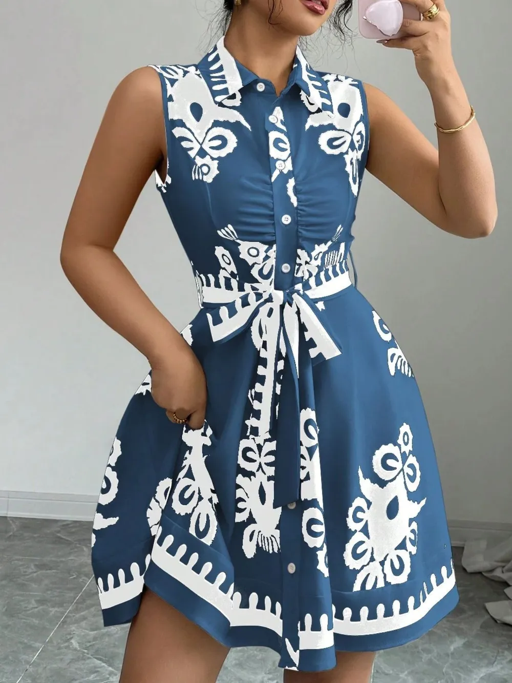 Printed Sleeveless Tie Waist Mini Dress, image 7