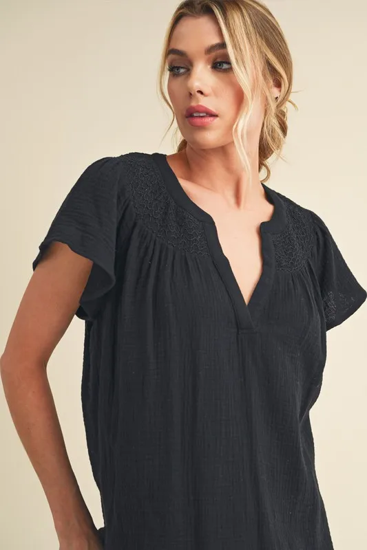 Embroidered Trim Side Slit Notched Short Sleeve Blouse, image 3