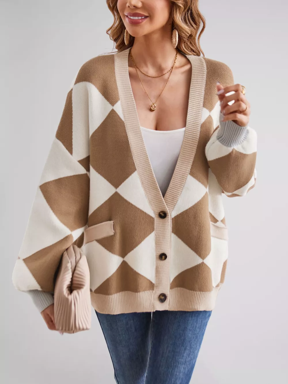 Diamond Pattern Button-Up Knit Cardigan, image 4