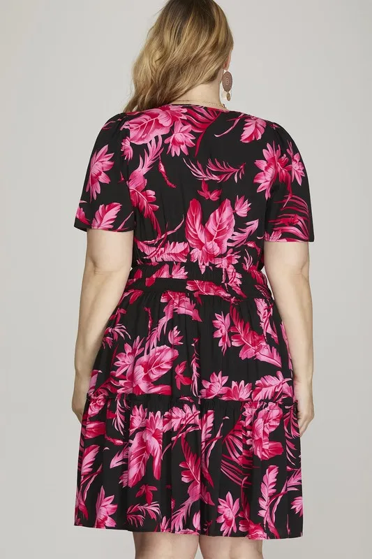 Full Size Printed Notched Short Sleeve Frill Tiered Dress Plus Size, image 4