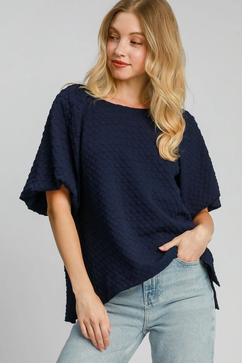Full Size Boxy Cut Jacquard Round Neck Top with Side Slit Plus Size
