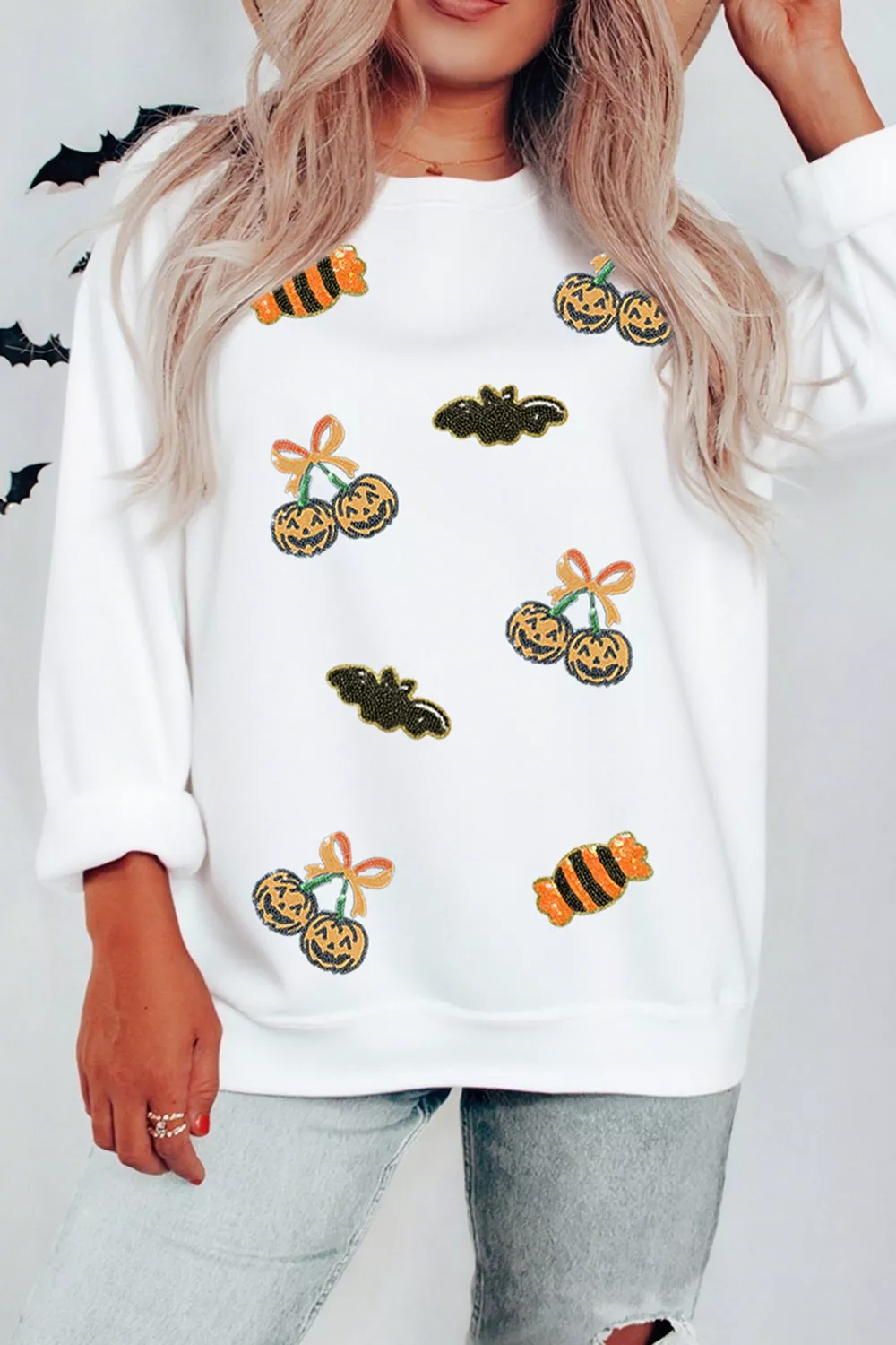 Sequin Halloween Pattern Pullover Sweatshirt, image 2
