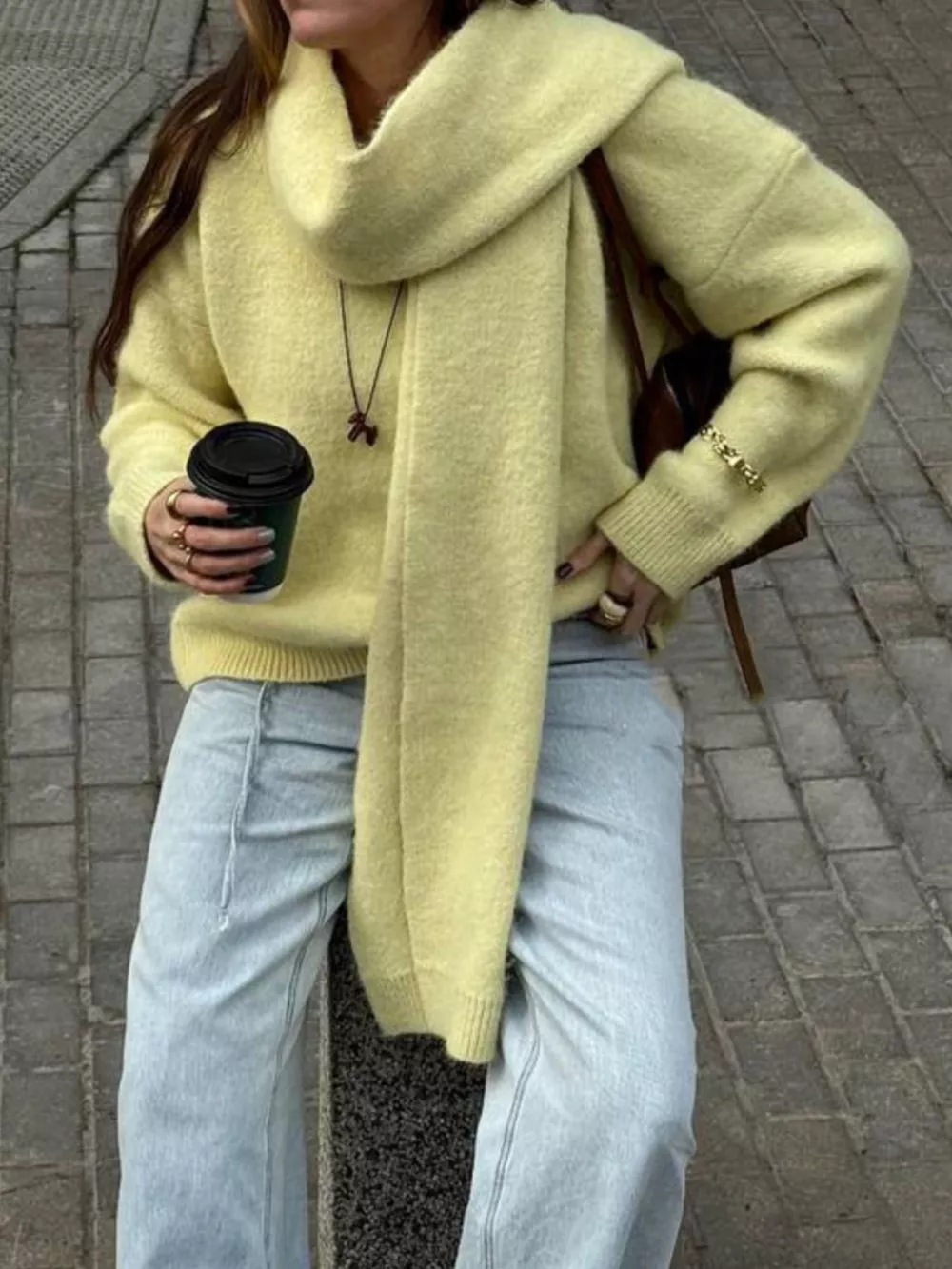 Oversized V-Neck Dropped Shoulder Sweater with Scarf, image 13