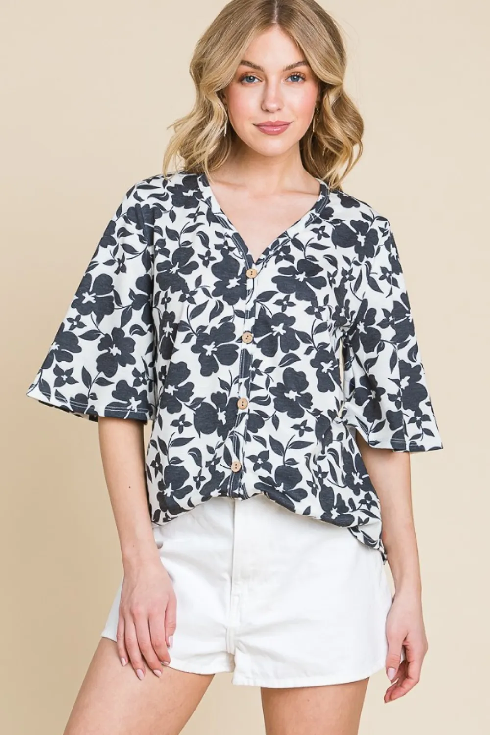 Floral Decorative Button V-Neck Top, image 4