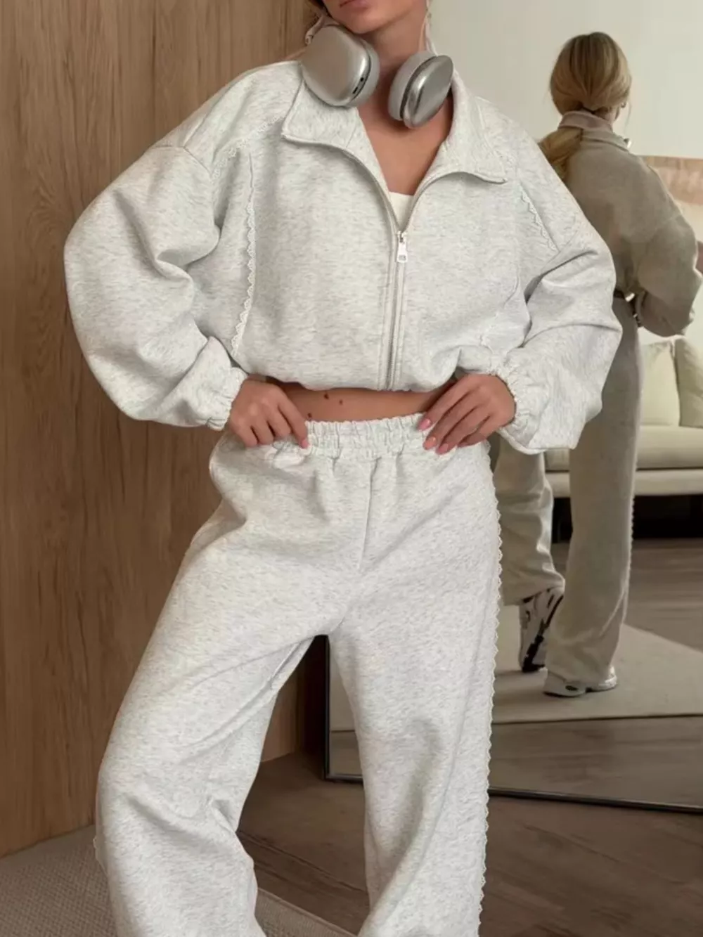 Zip-Up Jacket and Wide-Leg Pants Set, image 3