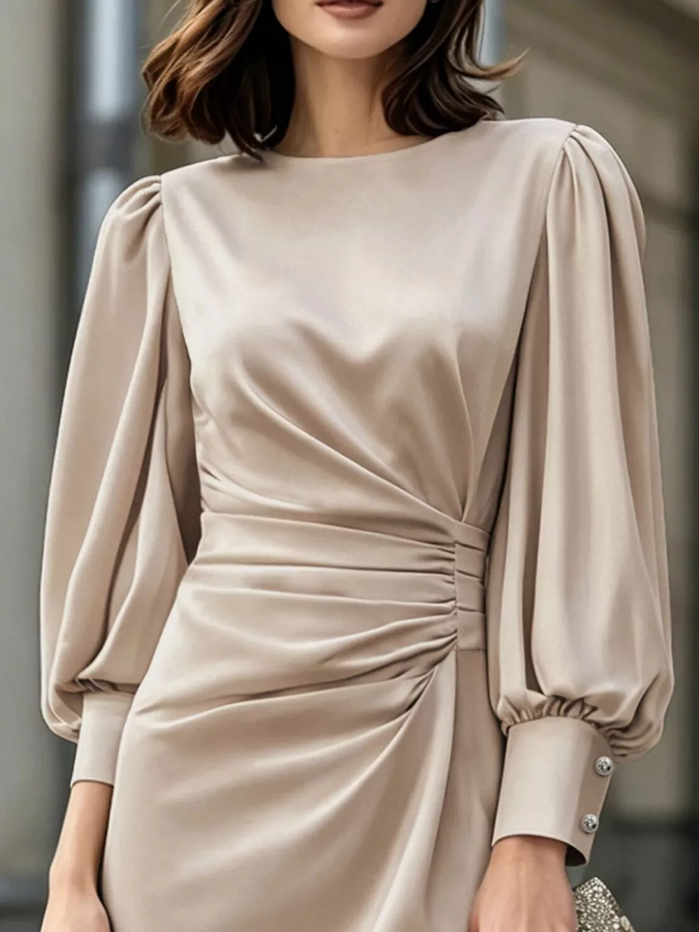 Long Sleeve Satin Ruched Midi Dress, image 2