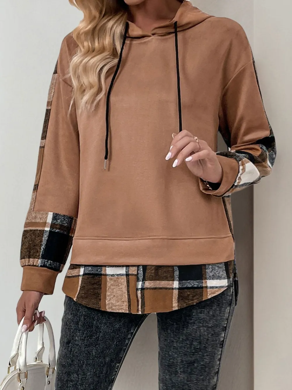 Drawstring Slit Plaid Long Sleeve Hoodie, image 3