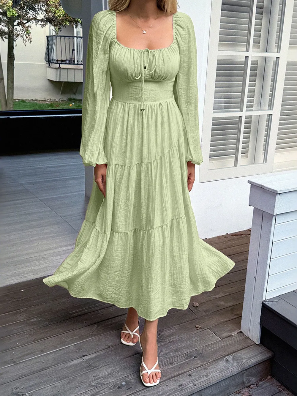 Tiered Balloon Sleeve Midi Dress, image 10