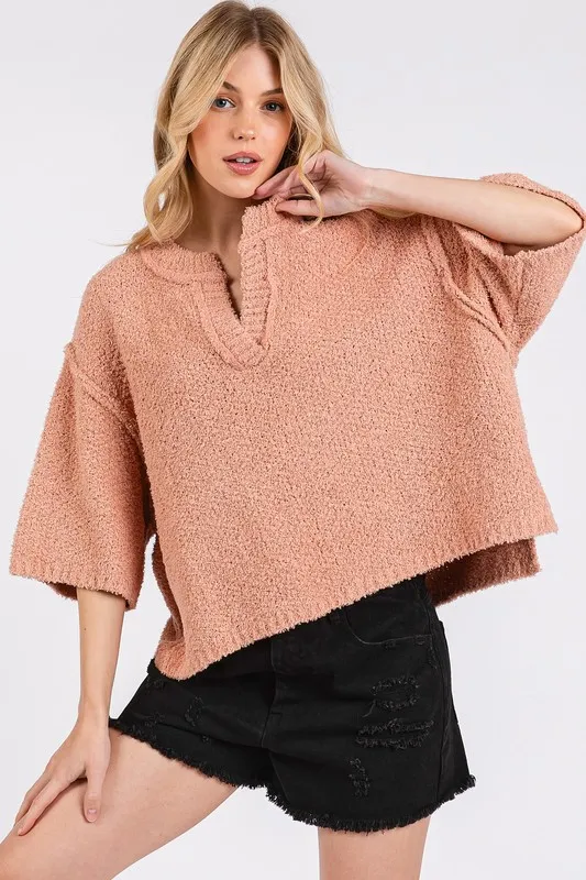 Side Slit Notched Drop Shoulder Sweater