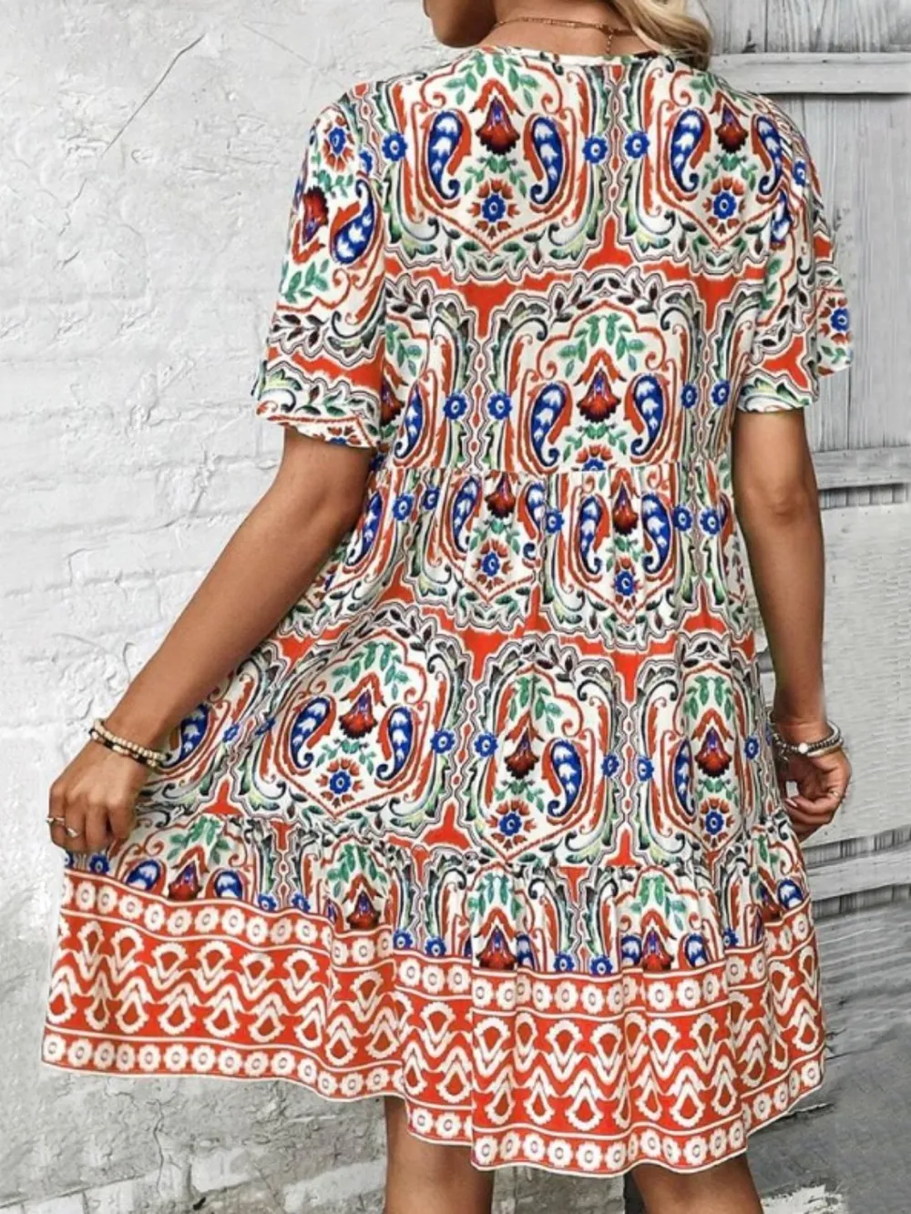 Printed Tie Neck Short Sleeve Dress, image 2