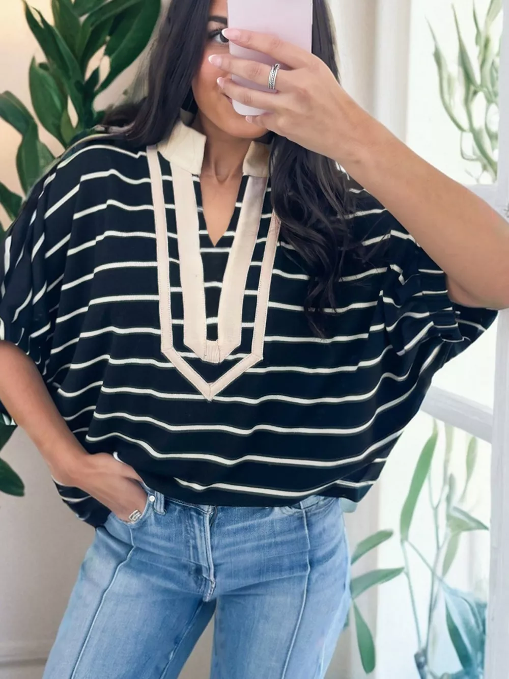 Stripe Stand Collar V Neck Elastic Cuffs Half Sleeve Dolman Top, image 2