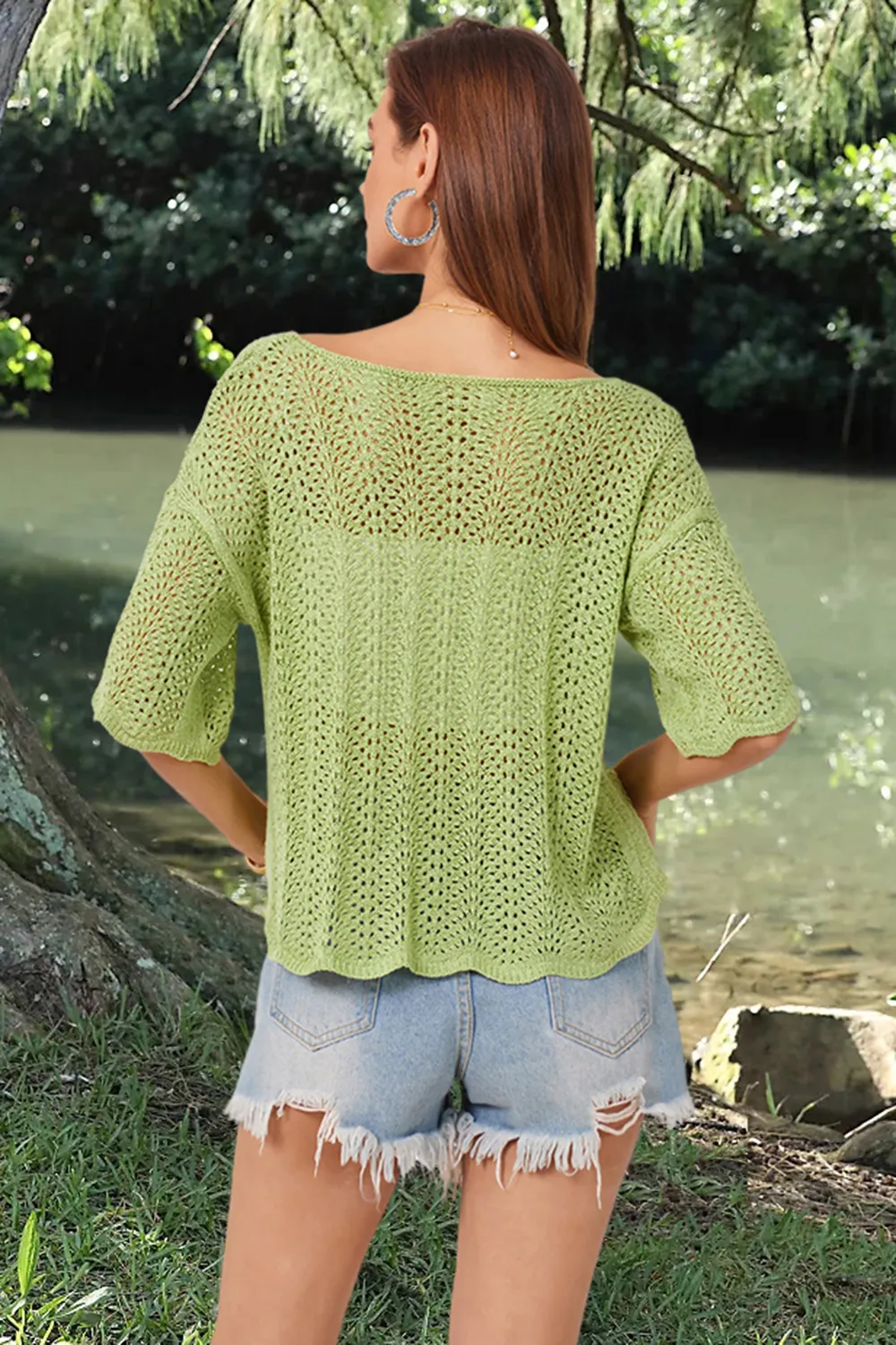 Openwork Round Neck Half Sleeve Knit Top, image 13
