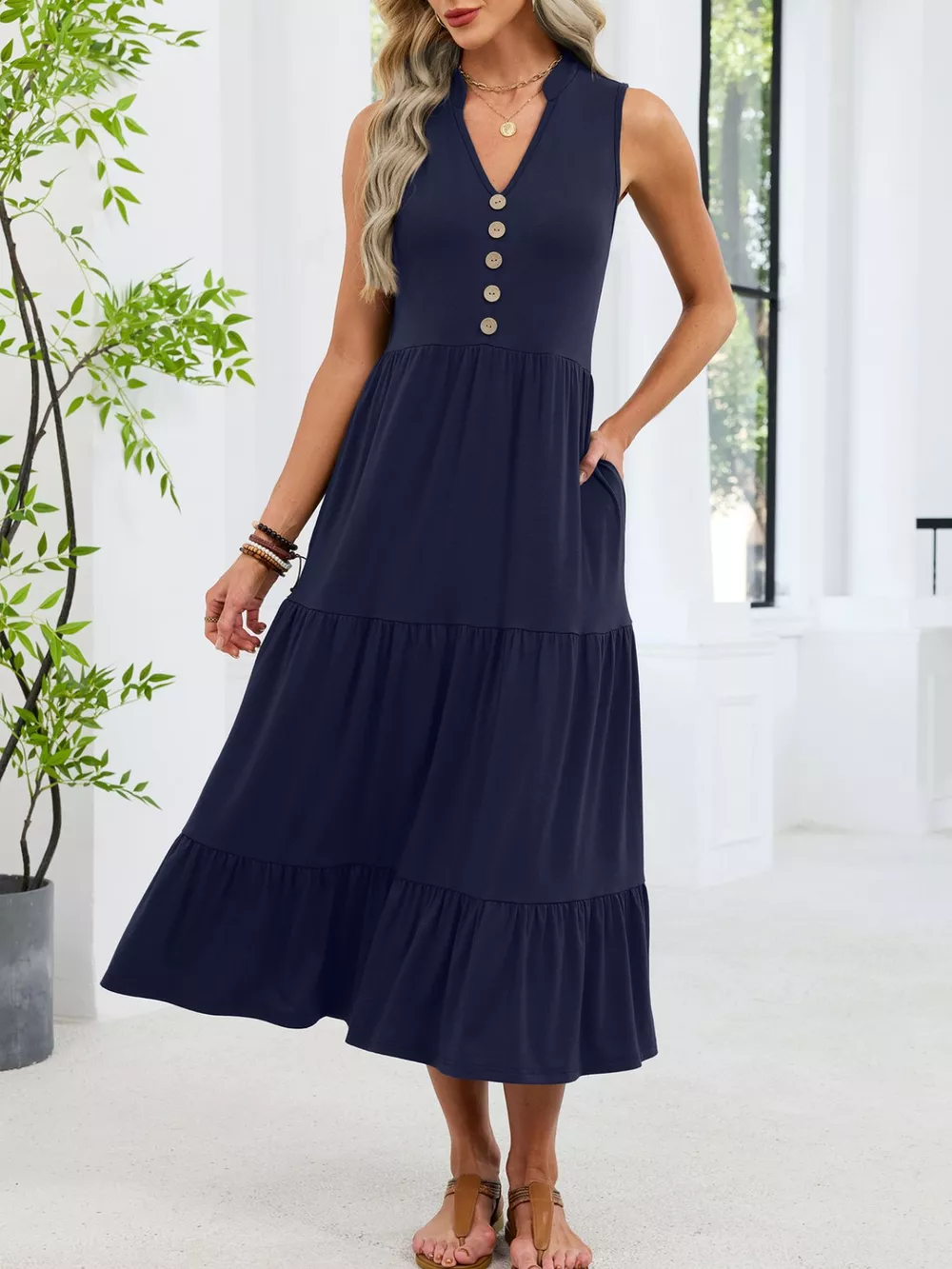 Sleeveless Notched Tiered Midi Dress, image 5