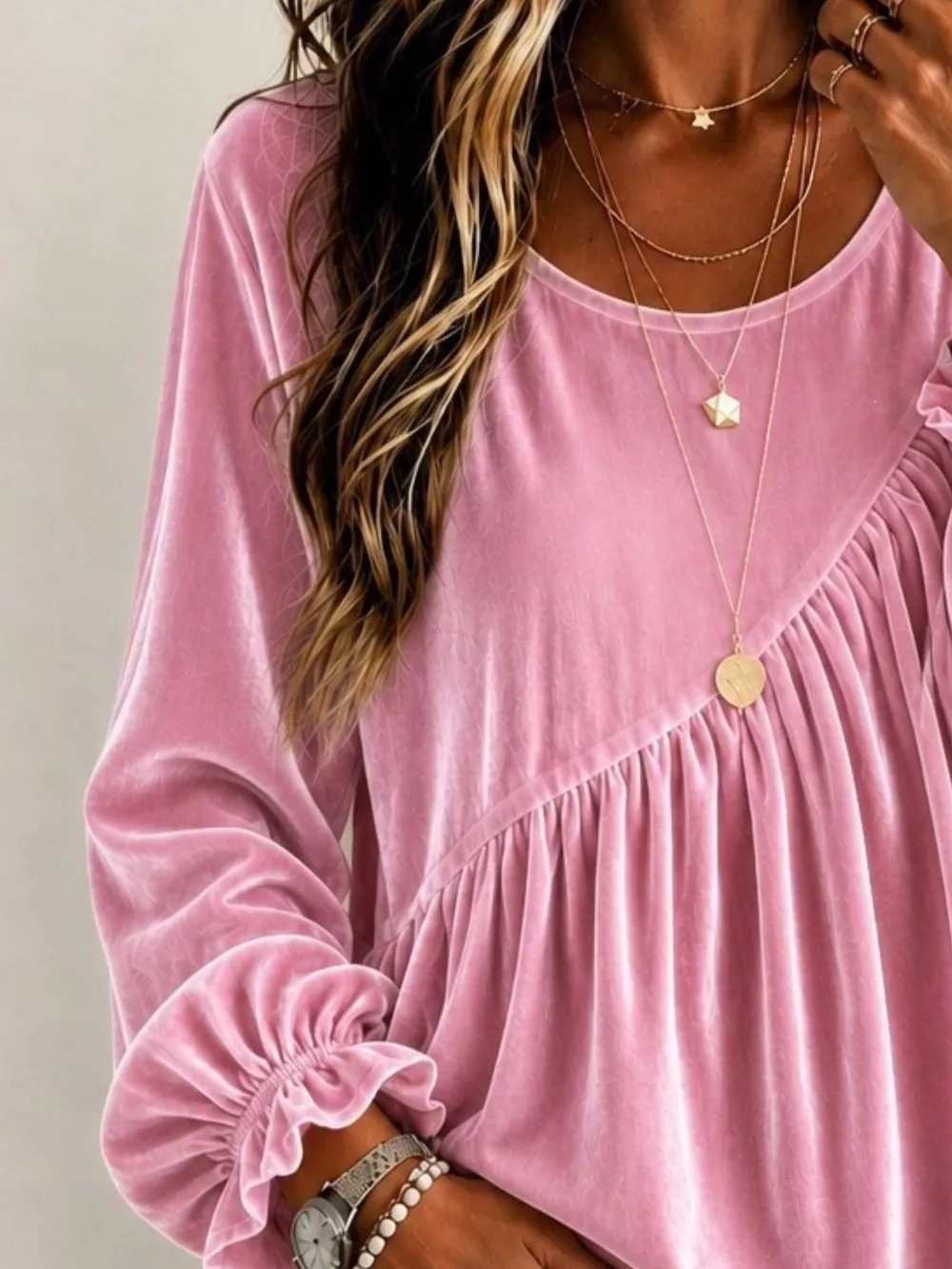 Full Size Velvet Round Neck Long Sleeve Blouse Plus Size, image 3