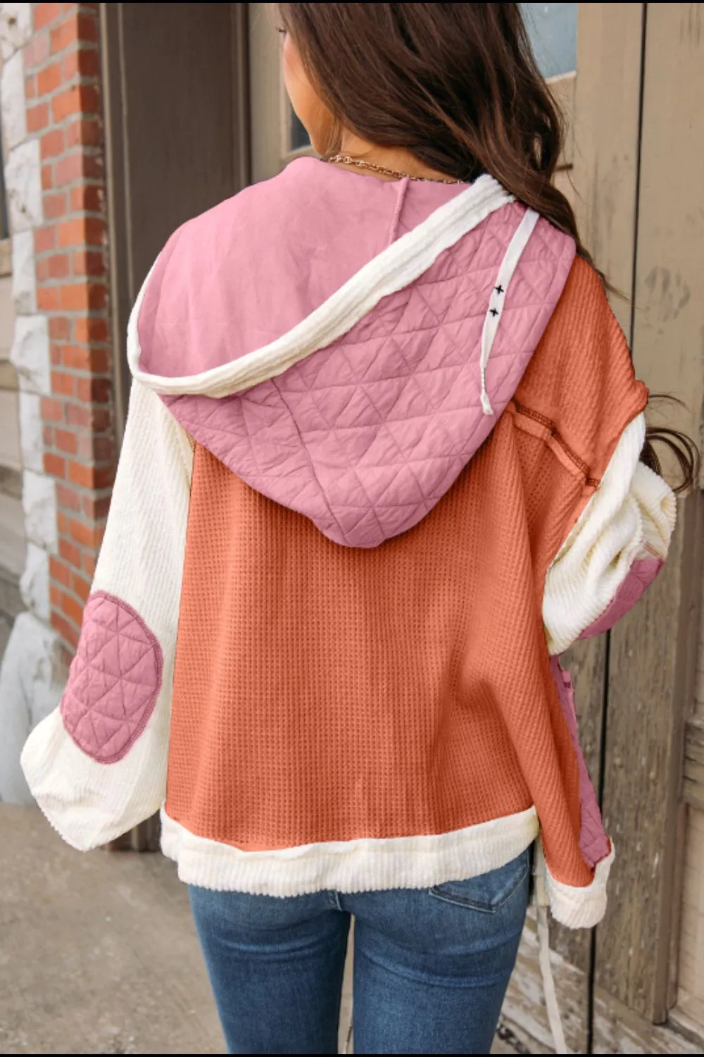 Drawstring Texture Button Up Long Sleeve Hooded Jacket, image 4