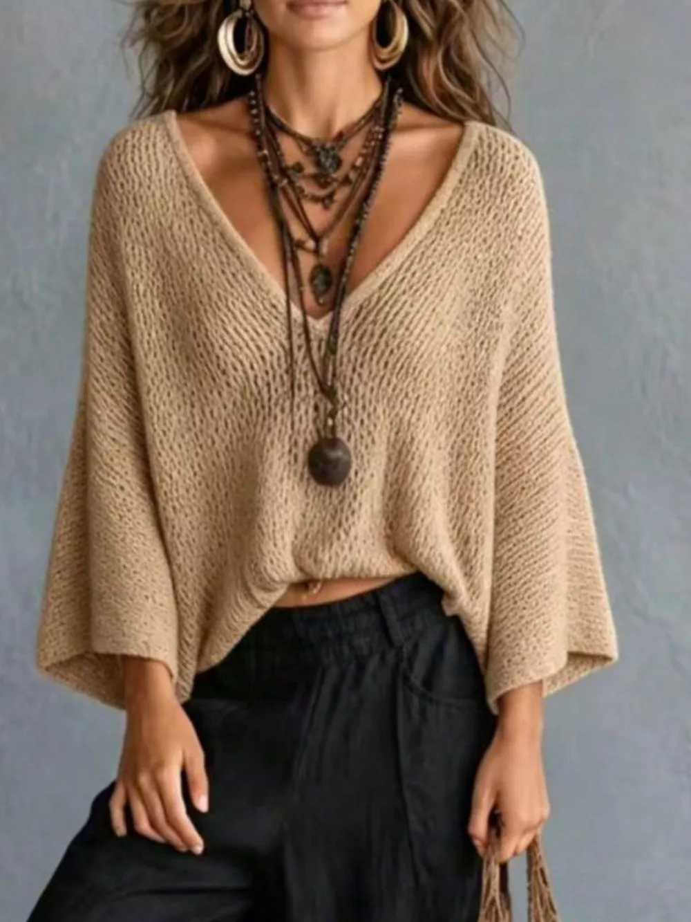V-Neck Batwing Sleeve Sweater, image 7