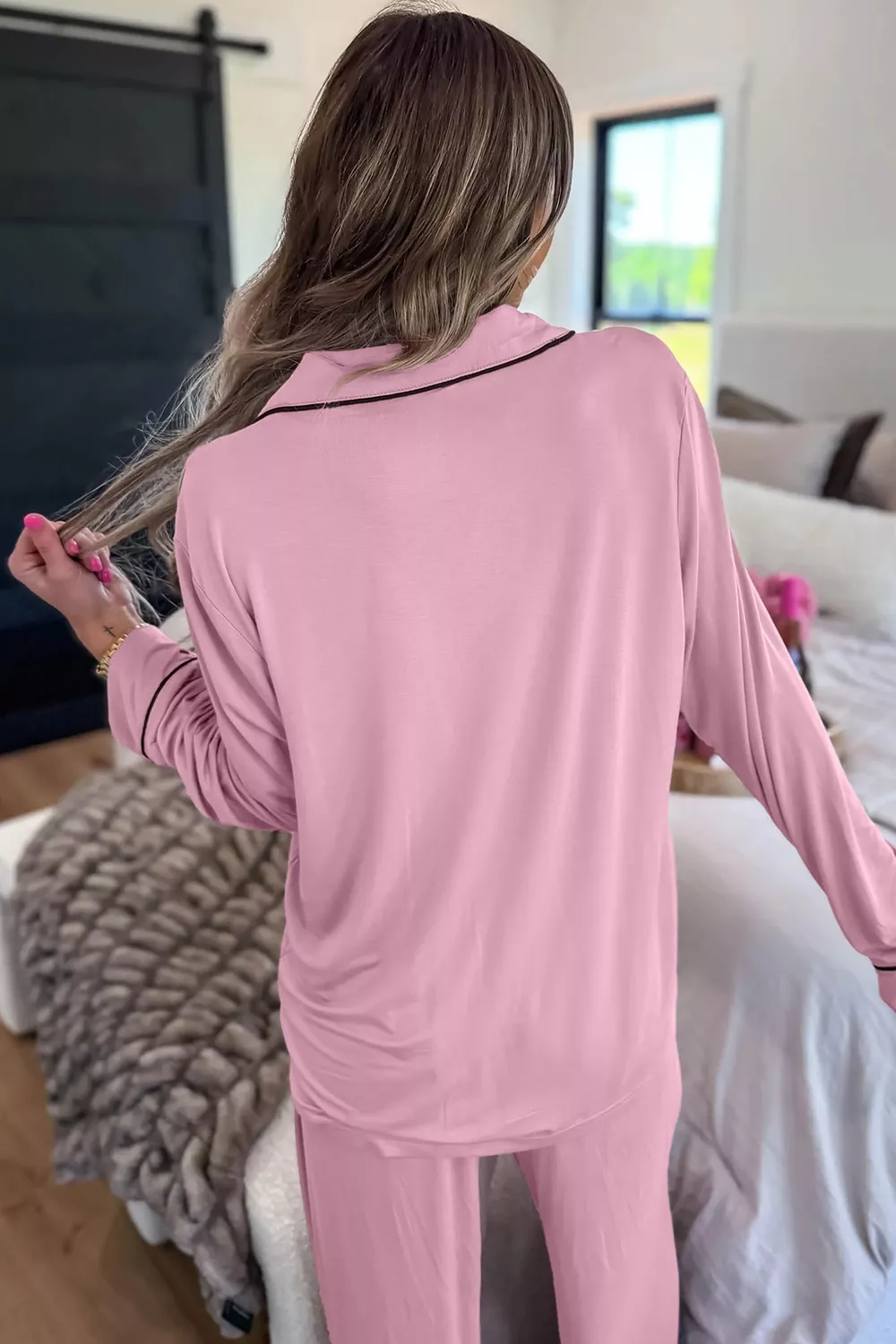 Contrast Trim Button Up Top and Pants Set, image 2