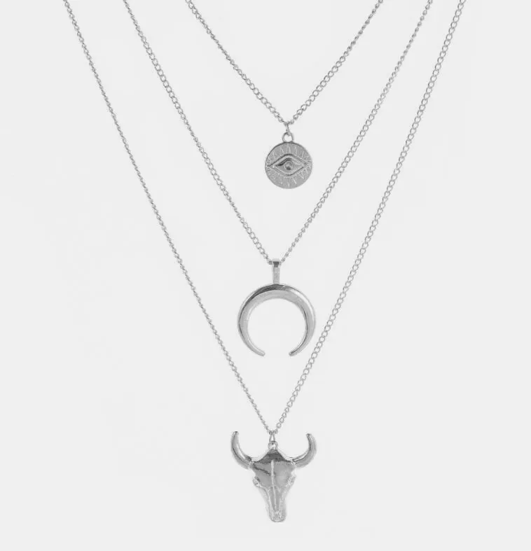 Alloy Three-Layered Bull Head Pendant Necklace, image 2