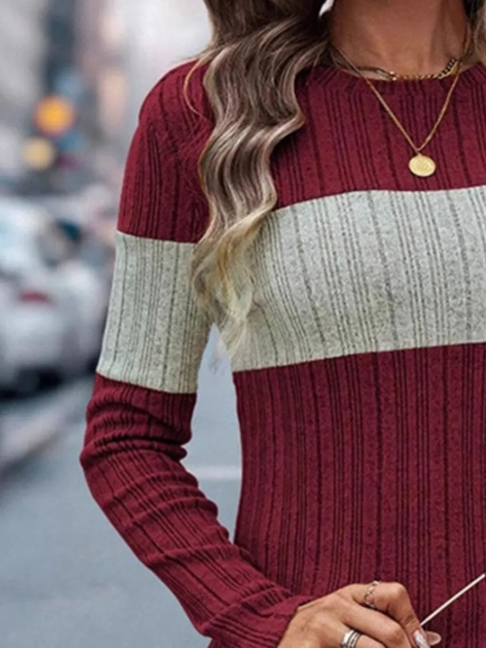 Color Block Round Neck Long Sleeve Sweater, image 8