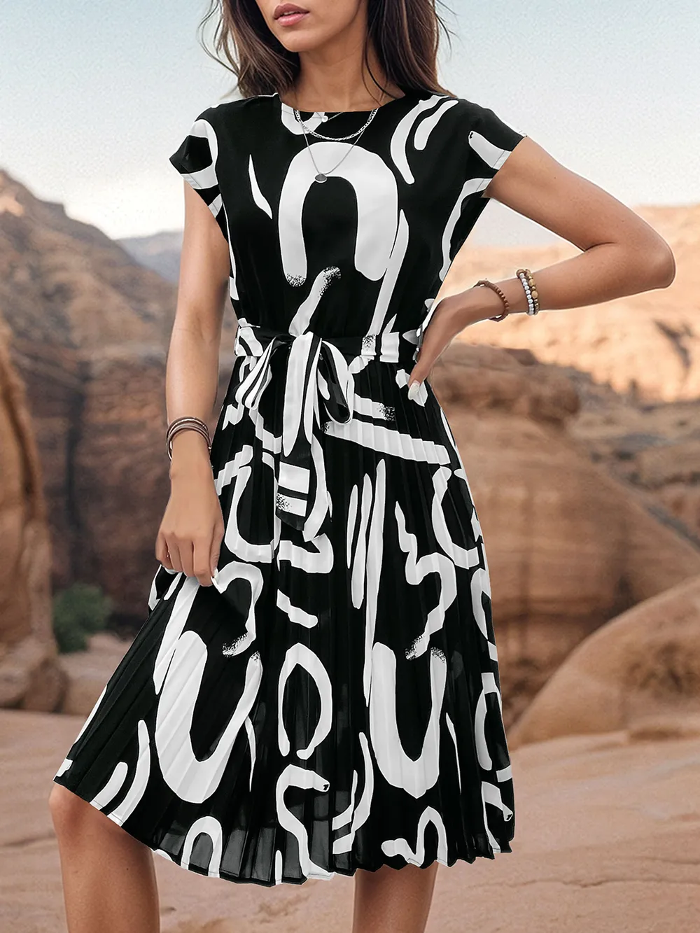 Printed Cap Sleeve Tie Waist Dress, image 2