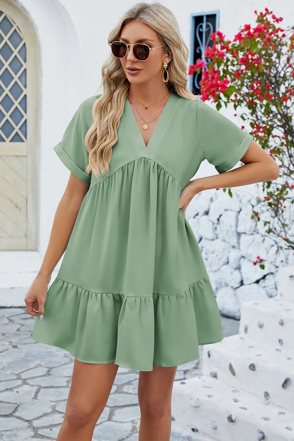 Ruched Tiered V-Neck Short Sleeve Mini Dress, image 2