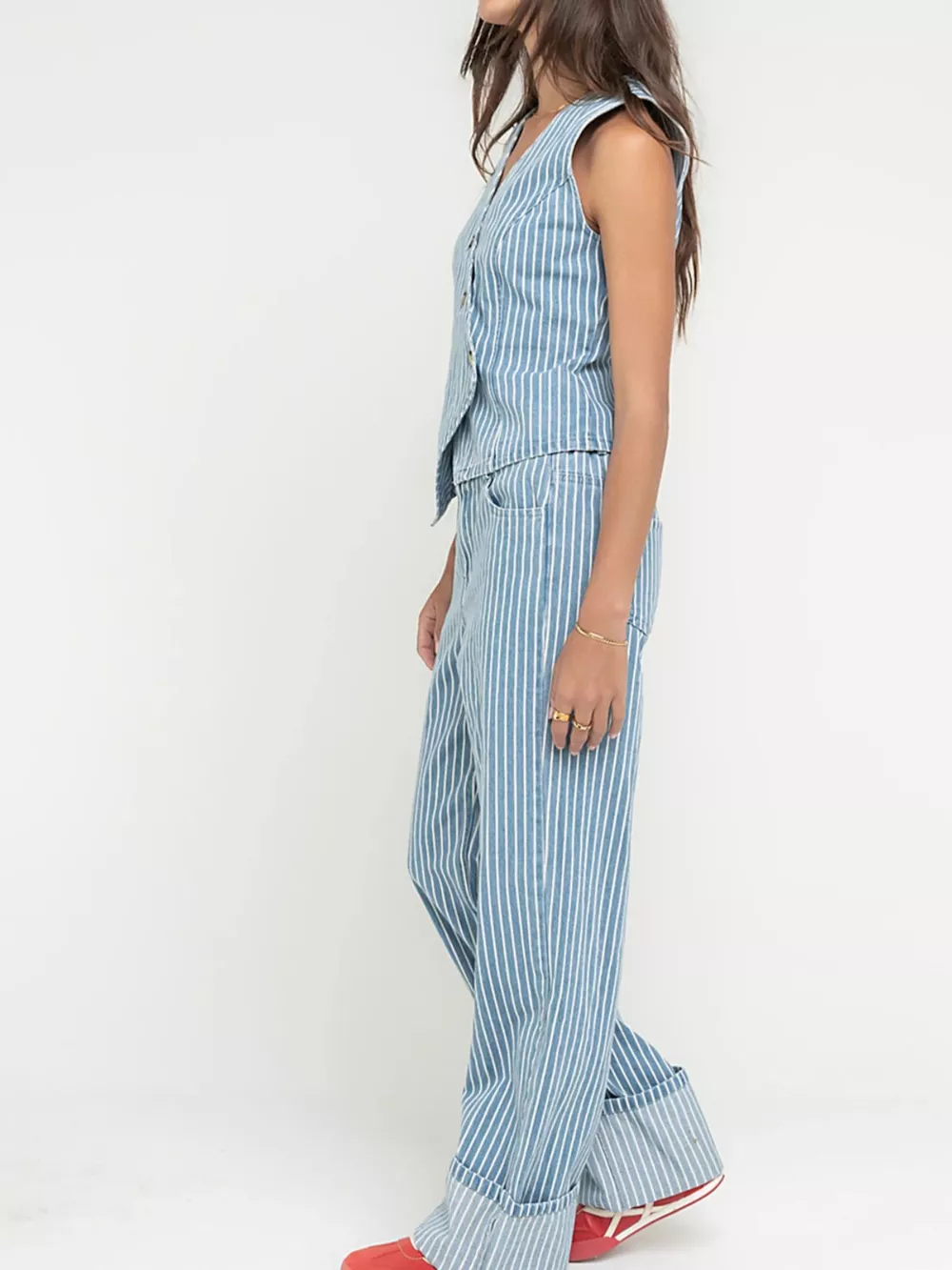 Striped Button Up Sleeveless Top and Jeans Denim Set, image 3