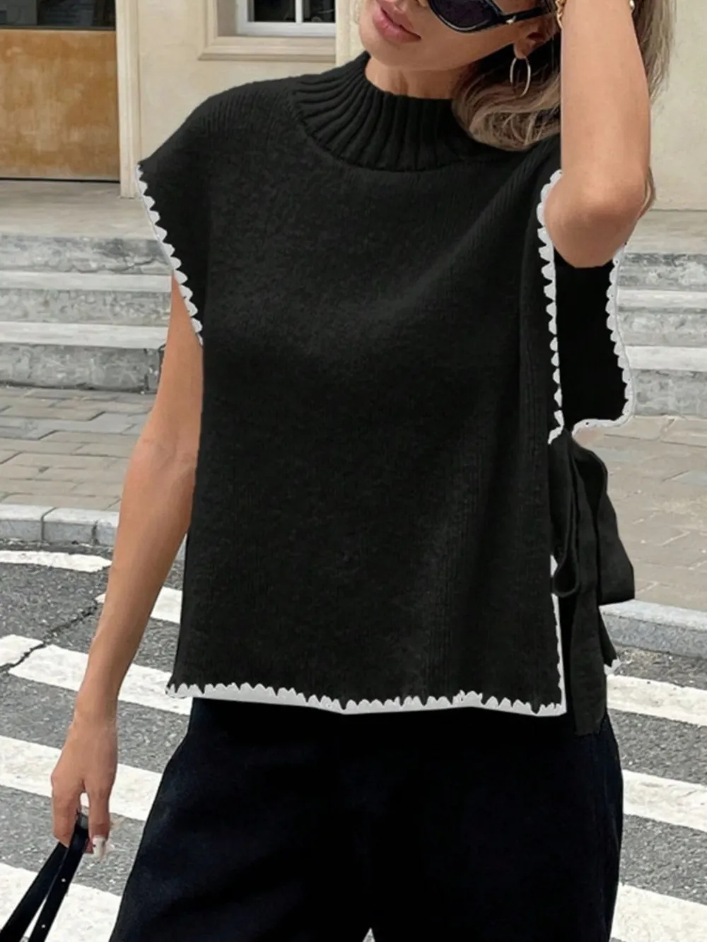 Ribbed Turtleneck Sweater Vest with Contrast Trim, image 9