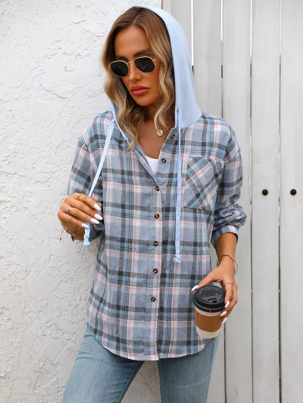 Plaid Button-Up Hooded Shirt with Chest Pocket, image 7