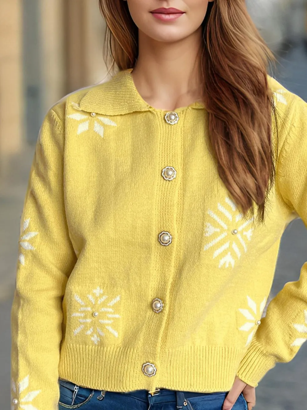 Pearl Trim Collared Neck Long Sleeve Cardigan, image 8