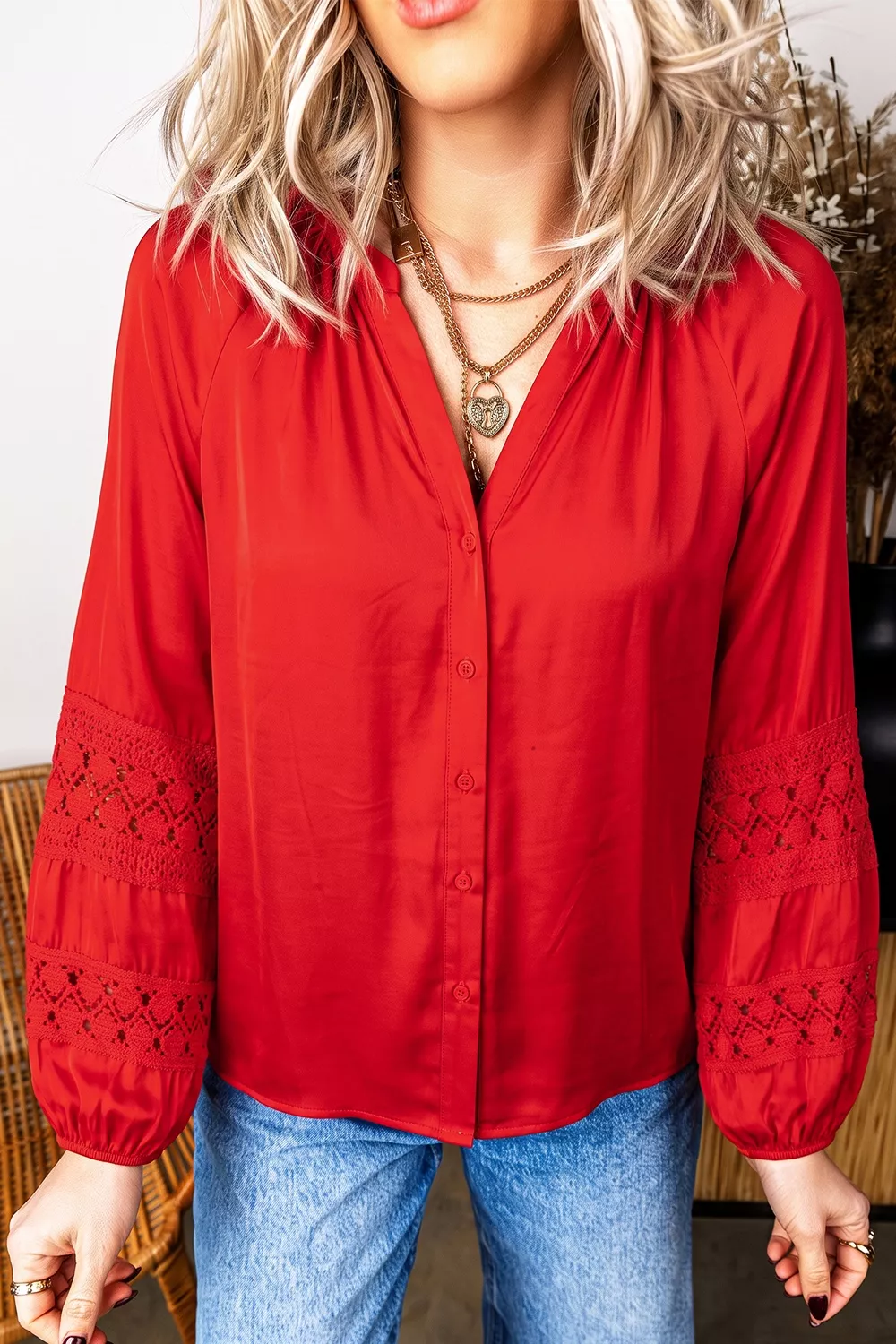 Christmas Patchwork Lace Long Sleeve V Neck Button Front Shirt, image 3