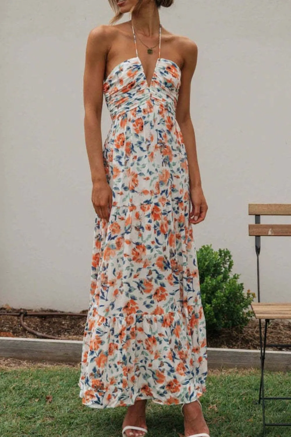 Floral Halter Neck Tiered Maxi Dress