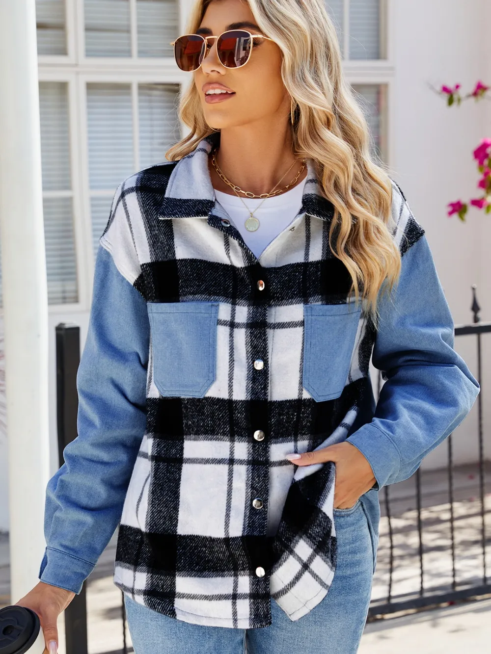 Pocketed Plaid Snap Down Denim Jacket, image 2